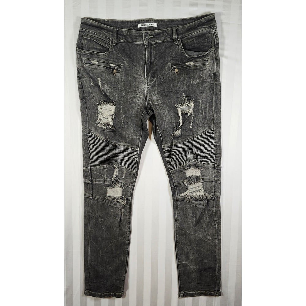 Embellish NYC Mens Biker Moto Distressed Jeans Gray Washed Black Size 36